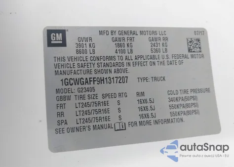 2017 Chevrolet Express 2500 Work Van z USA, uszkodzony, nr VIN 1GCWGAFF9H1317207